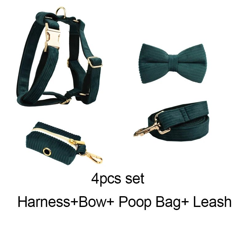 Petspuff Personalised Forest Green Corduroy Dog Collar & Lead Set – Engraved Name Tag, Bow & Harness - Petspuff