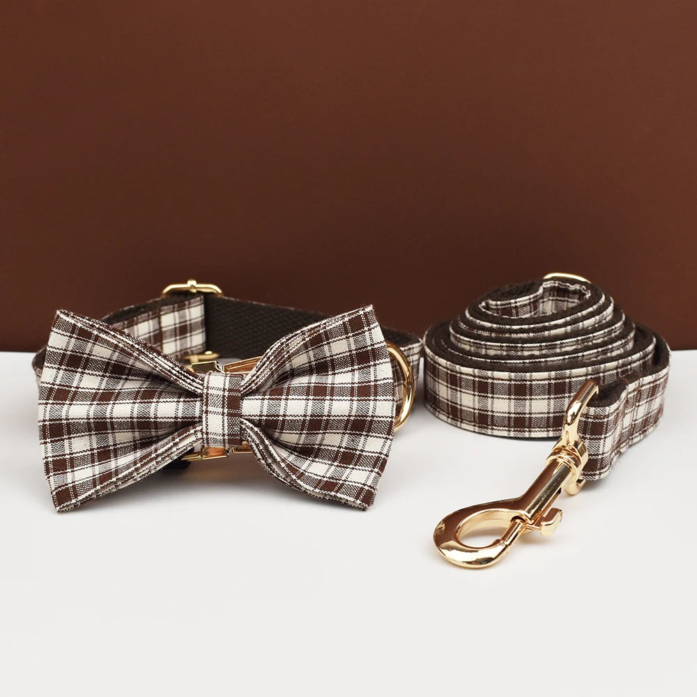 Petspuff Personalised Coffee Plaid Dog Collar, Harness & Lead Set – Engraved Name Tag & Bow