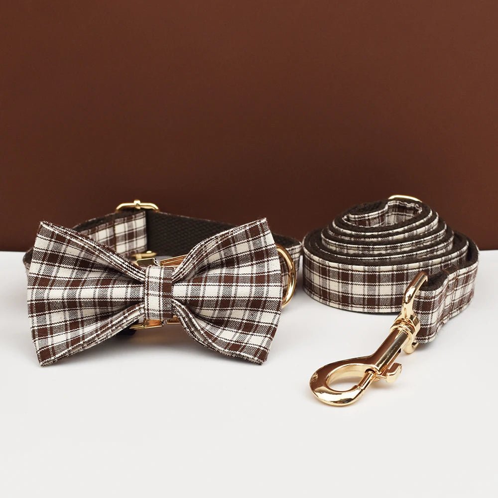 Petspuff Personalised Coffee Plaid Dog Collar, Harness & Lead Set – Engraved Name Tag & Bow