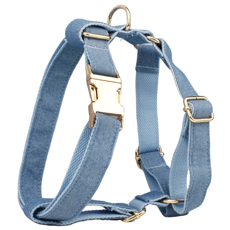 Petspuff Personalised Blue Denim Cotton Dog Collar, Harness & Lead Set – Engraved Name Tag & Bow