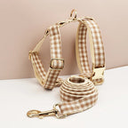 Petspuff Personalised Plaid Dog Collar, Harness & Lead Set – Engraved Nameplate & Bow | XS–XL