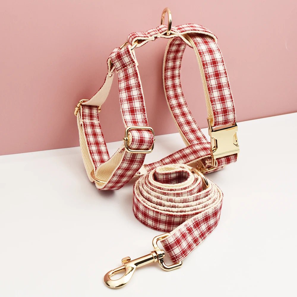 Petspuff Personalised Red Plaid Dog Collar, Harness & Lead Set – Engraved Name Tag & Bow | Christmas