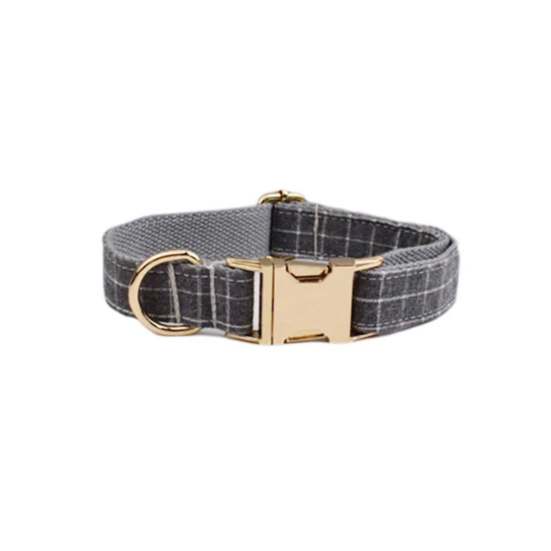 Petspuff Personalised Grey Check Dog Collar, Harness & Lead Set – Engraved Name Tag, Bow & Poop Bag Holder