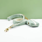 Petspuff Personalised Light Green Corduroy Dog Collar & Lead Set – Engraved Name Tag, Bow & Harness