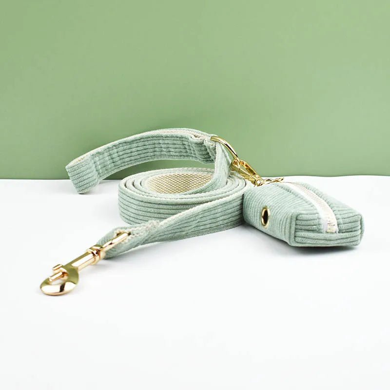 Petspuff Personalised Light Green Corduroy Dog Collar & Lead Set – Engraved Name Tag, Bow & Harness