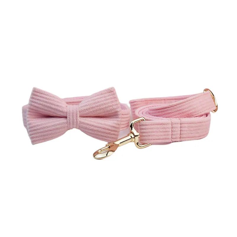 Petspuff Personalised Pink Corduroy Dog Collar & Lead Set – Engraved Name Tag, Bow & Harness