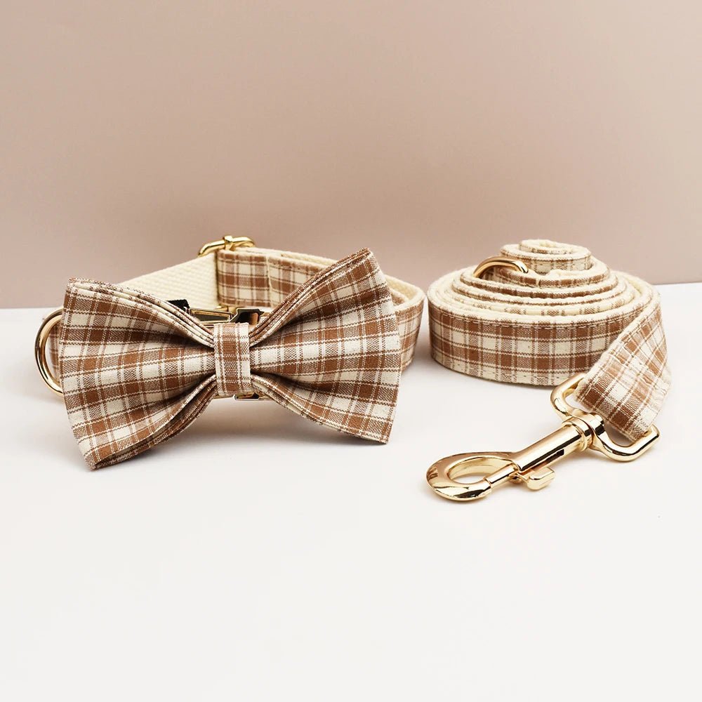 Petspuff Personalised Plaid Dog Collar, Harness & Lead Set – Engraved Nameplate & Bow | XS–XL