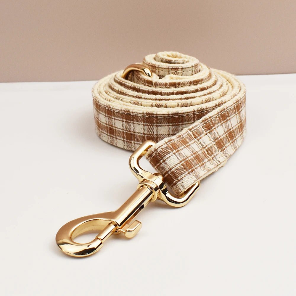 Petspuff Personalised Plaid Dog Collar, Harness & Lead Set – Engraved Nameplate & Bow | XS–XL
