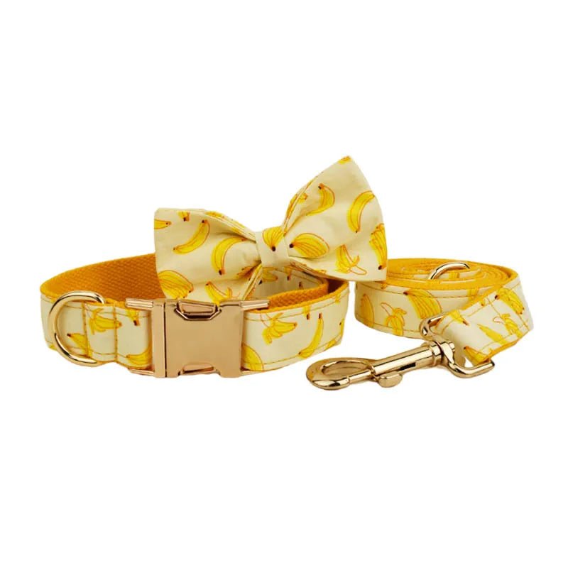 Petspuff Personalised Banana Print Dog Collar, Harness & Lead Set – Engraved Name Tag & Bow