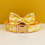 Petspuff Personalised Banana Print Dog Collar, Harness & Lead Set – Engraved Name Tag & Bow