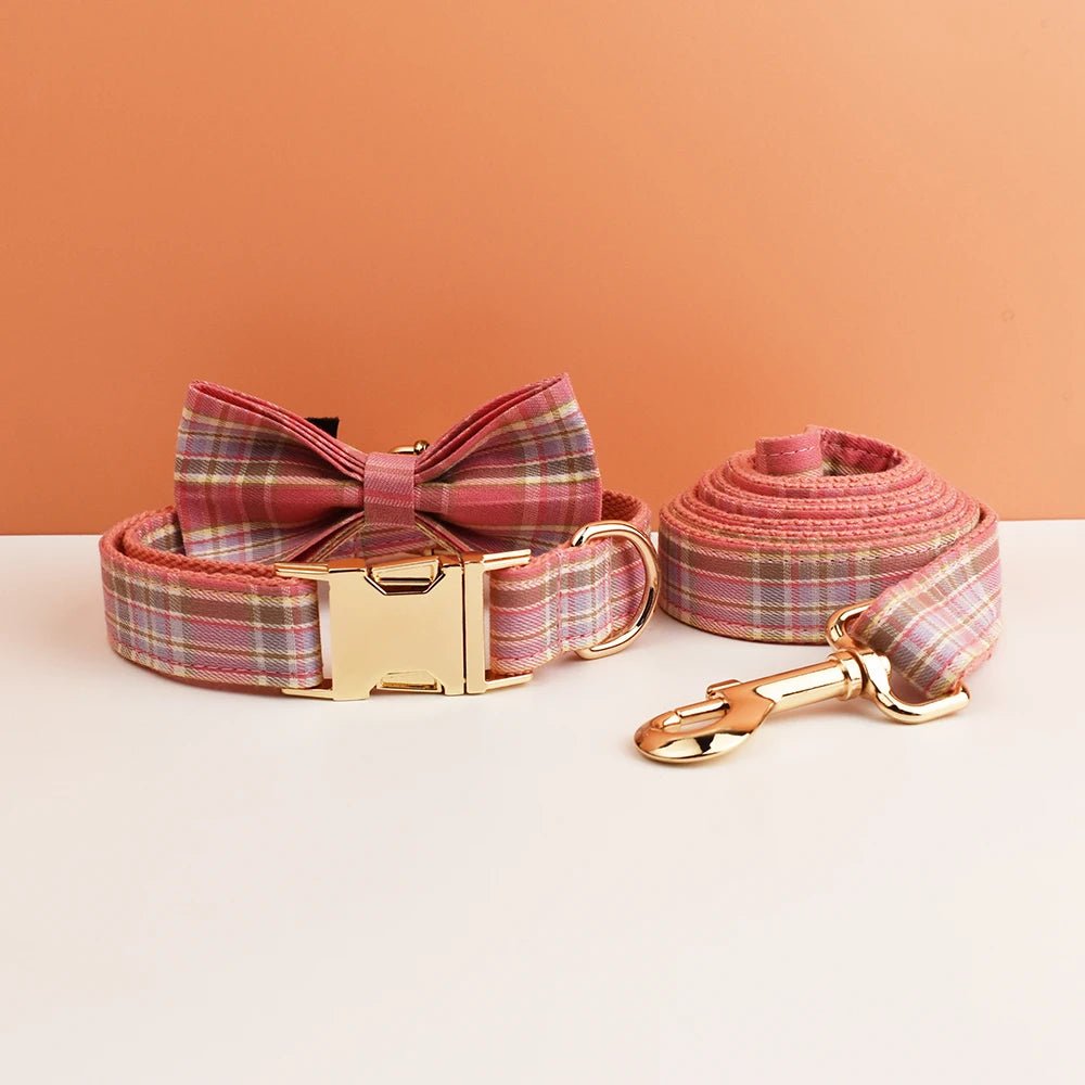 Petspuff Personalised Plaid Bow Dog Collar & Lead – Engraved Name Tag | 7 Designs, XS–XL - Petspuff