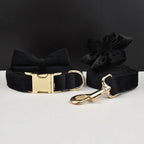 Petspuff Personalised Black Velvet Dog Collar & Lead Set – Engraved Name Tag, Bow & Harness