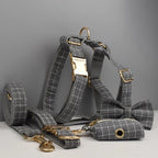 Petspuff Personalised Grey Check Dog Collar, Harness & Lead Set – Engraved Name Tag, Bow & Poop Bag Holder