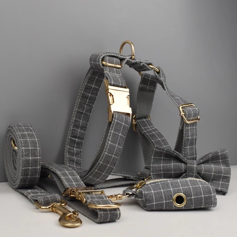 Petspuff Personalised Grey Check Dog Collar, Harness & Lead Set – Engraved Name Tag, Bow & Poop Bag Holder