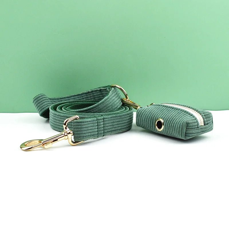 Petspuff Personalised Dark Green Corduroy Dog Collar & Lead Set – Engraved Name Tag, Bow & Harness - Petspuff