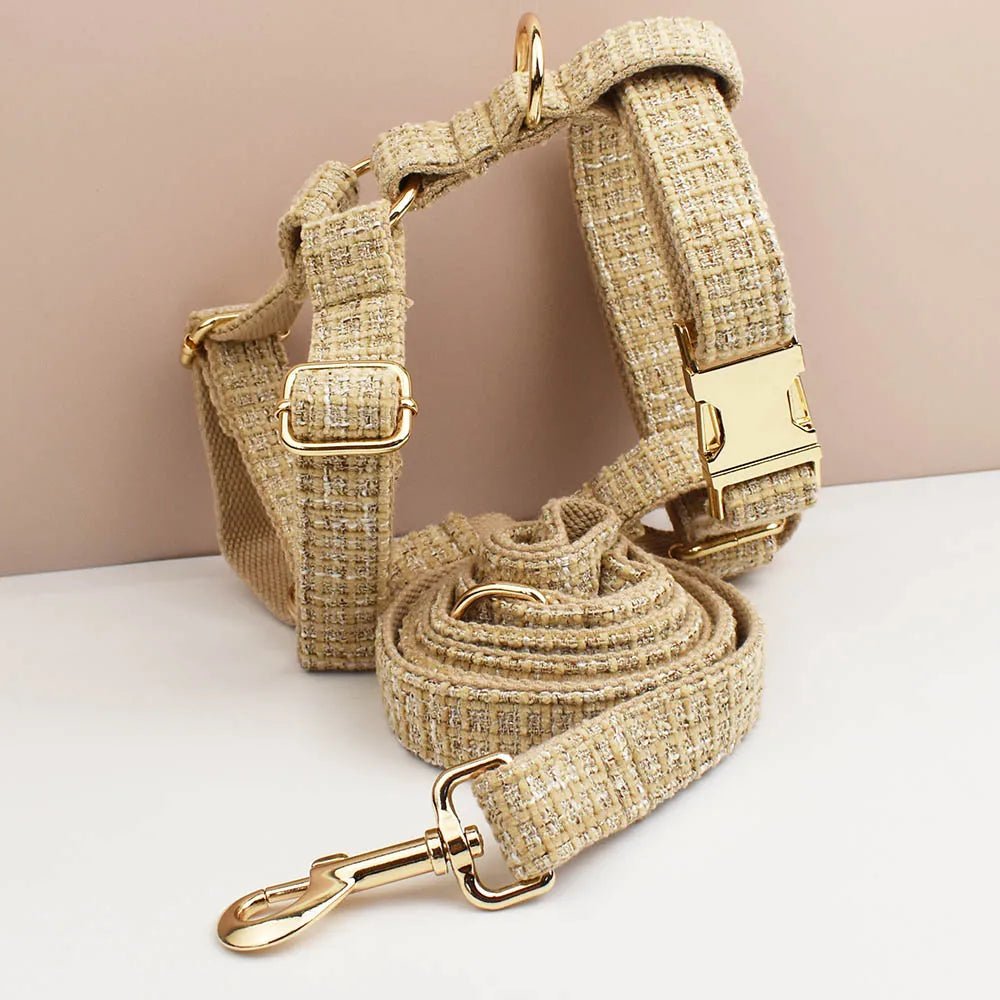Petspuff Personalised Light Khaki Dog Collar, Harness & Lead Set – Engraved Nameplate & Bow