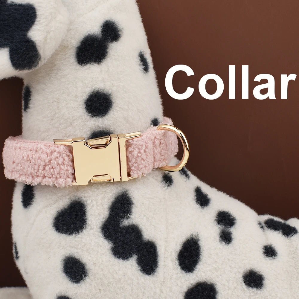 Petspuff Personalised Teddy Fleece Dog Collar & Lead Set – Engraved Name Tag, Harness | 4 Colours - Petspuff