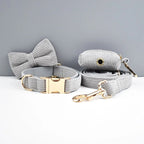 Petspuff Personalised Light Grey Corduroy Dog Collar & Lead Set – Engraved Name Tag, Bow & Harness