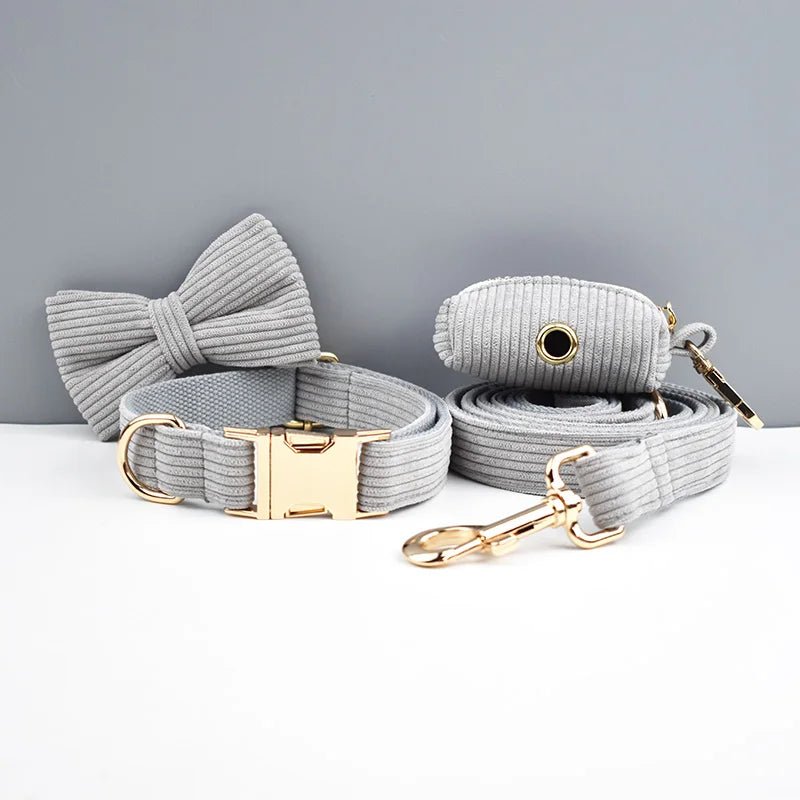 Petspuff Personalised Light Grey Corduroy Dog Collar & Lead Set – Engraved Name Tag, Bow & Harness