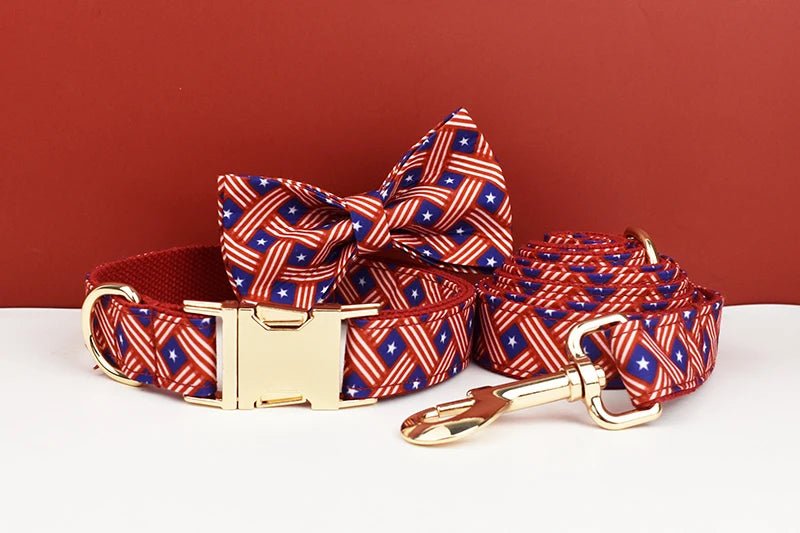 Petspuff Flag Print Cotton Dog Collar, Harness & Lead Set with Bow – XS–XL