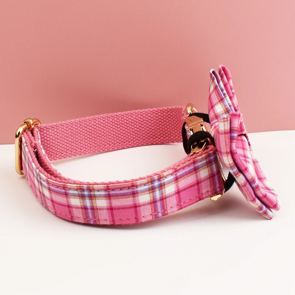 Petspuff Personalised Plaid Bow Dog Collar & Lead – Engraved Name Tag | 7 Designs, XS–XL - Petspuff