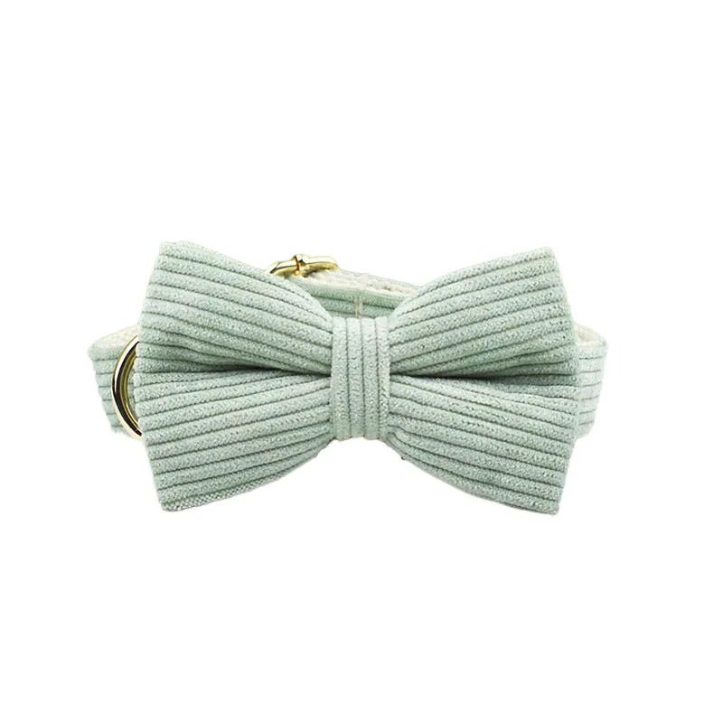 Petspuff Personalised Light Green Corduroy Dog Collar & Lead Set – Engraved Name Tag, Bow & Harness