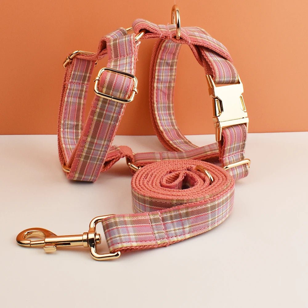 Petspuff Personalised Plaid Dog Collar & Lead Set – Engraved Name Tag, Bow & Harness Options
