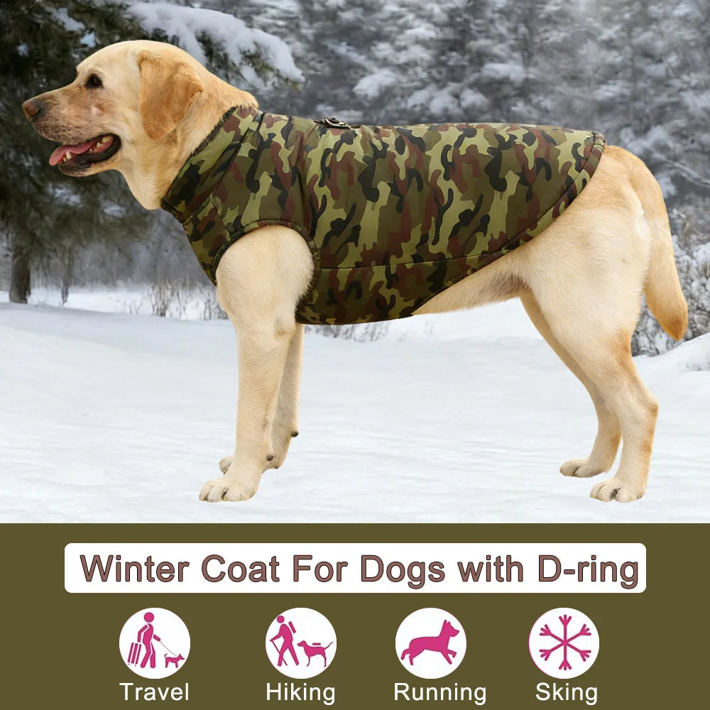 Petspuff Camouflage Fleece Dog Jacket – Windproof Winter Coat with D-Ring | Large Dogs