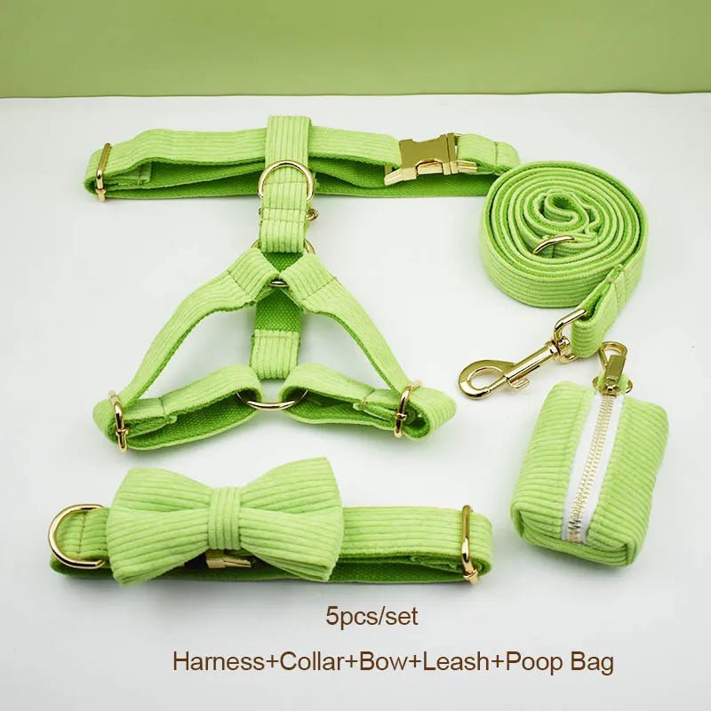 Petspuff Personalised Apple Green Corduroy Dog Collar & Lead Set – Engraved Name Tag, Bow & Harness