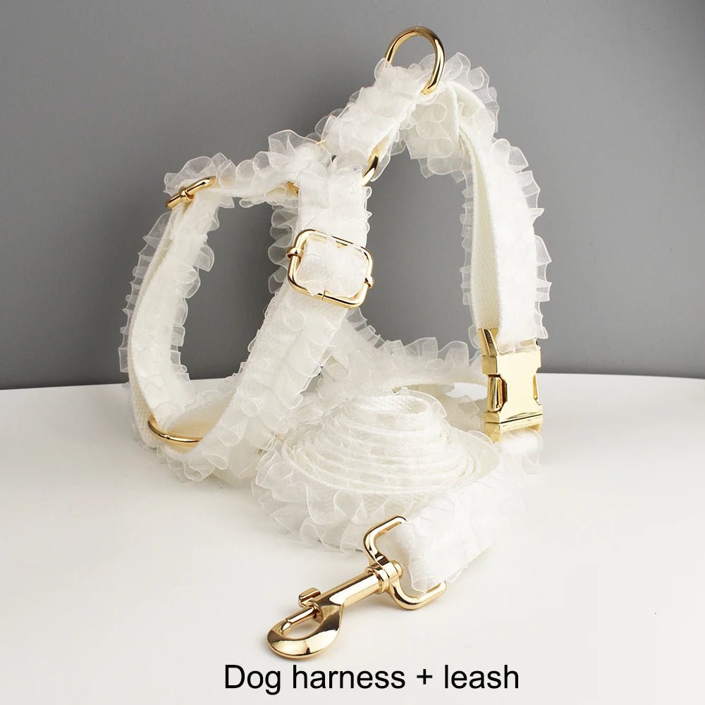 Petspuff Personalised White Lace Dog Collar, Harness & Lead – Engraved Name Tag | Wedding Dog
