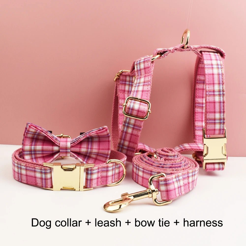 Petspuff Personalised Rose Pink Plaid Dog Collar, Harness & Lead Set – Engraved Name Tag