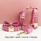 Petspuff Personalised Rose Pink Plaid Dog Collar, Harness & Lead Set – Engraved Name Tag