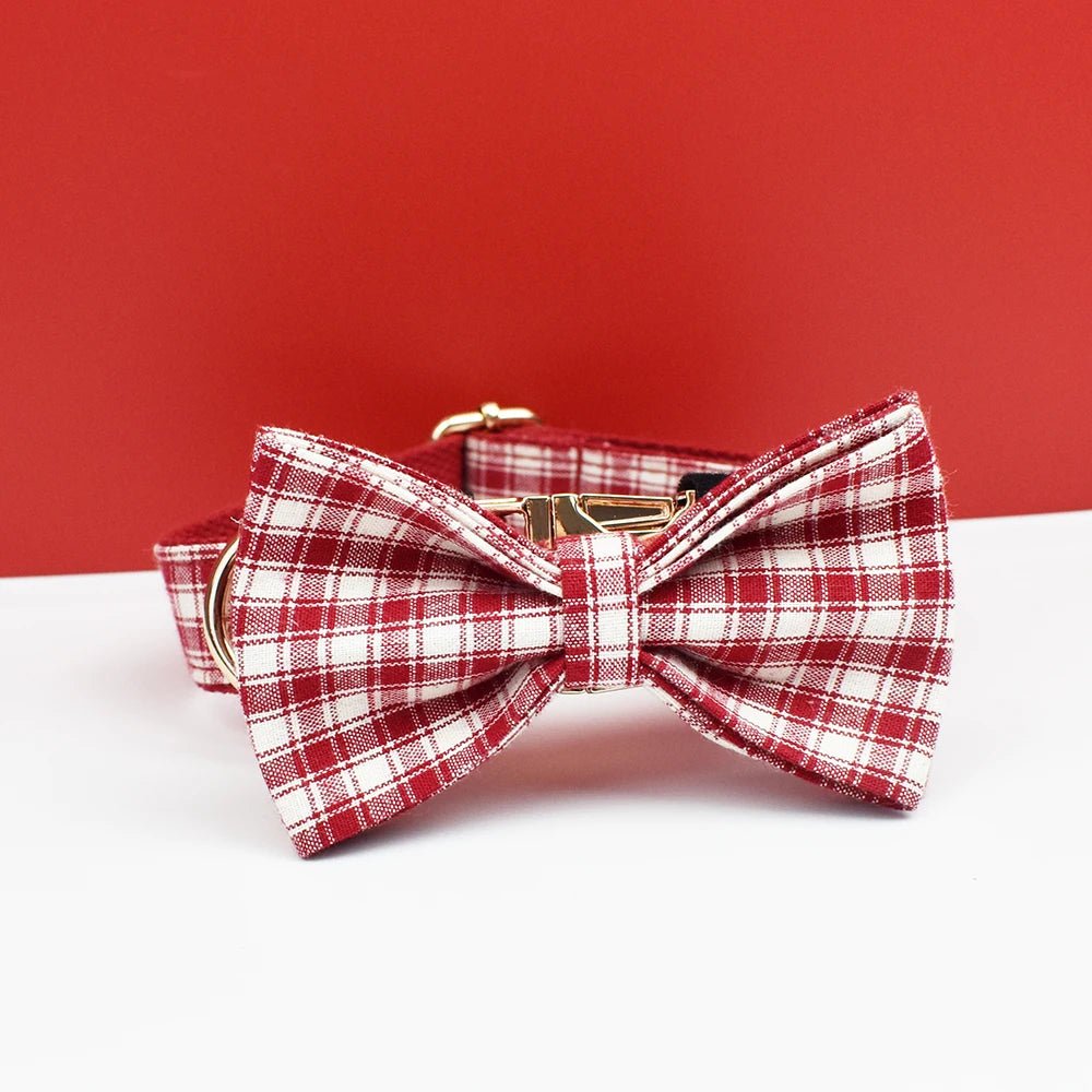 Petspuff Personalised Red Plaid Dog Collar, Harness & Lead Set – Engraved Name Tag & Bow | Style 28