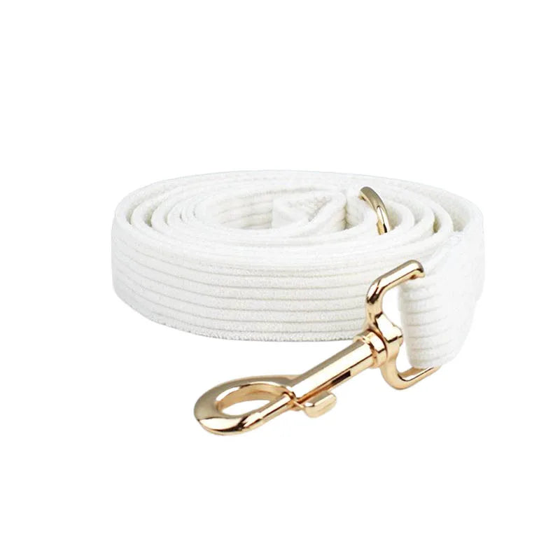 Petspuff Personalised White Corduroy Dog Collar & Lead Set – Engraved Name Tag, Bow & Harness