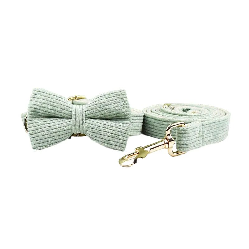 Petspuff Personalised Light Green Corduroy Dog Collar & Lead Set – Engraved Name Tag, Bow & Harness