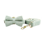 Petspuff Personalised Light Green Corduroy Dog Collar & Lead Set – Engraved Name Tag, Bow & Harness