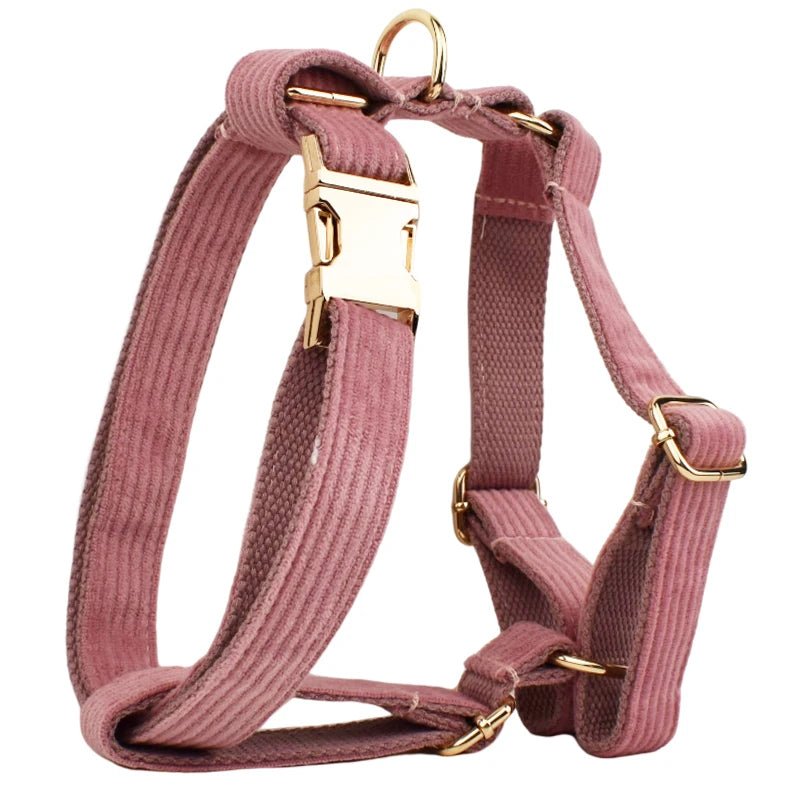 Petspuff Personalised Nude Pink Corduroy Dog Collar & Lead Set – Engraved Name Tag, Bow & Harness