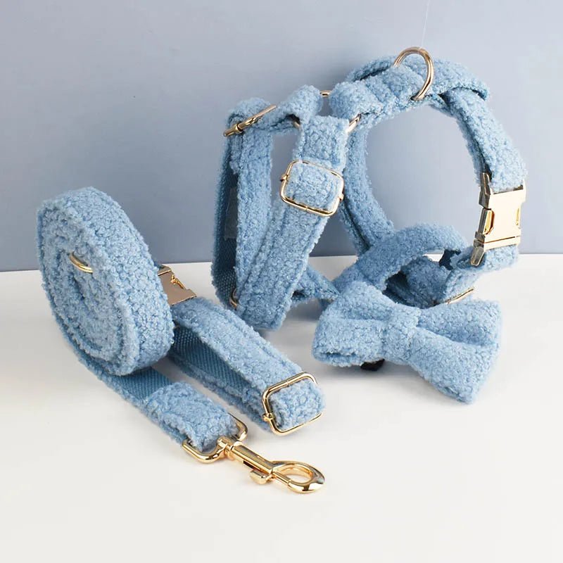 Petspuff Personalised Teddy Fleece Dog Collar, Harness & Lead Set – Engraved Name Tag & Bow - Petspuff