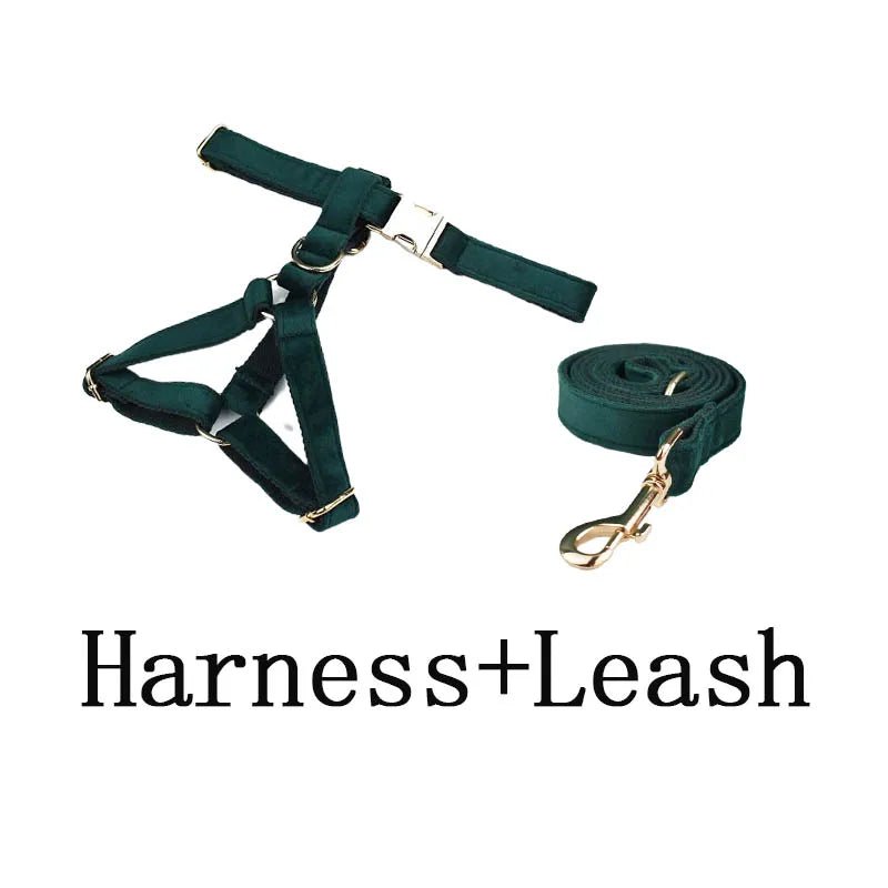 Petspuff Personalised Green Velvet Dog Collar & Lead Set – Engraved Name Tag, Bow & Harness - Petspuff
