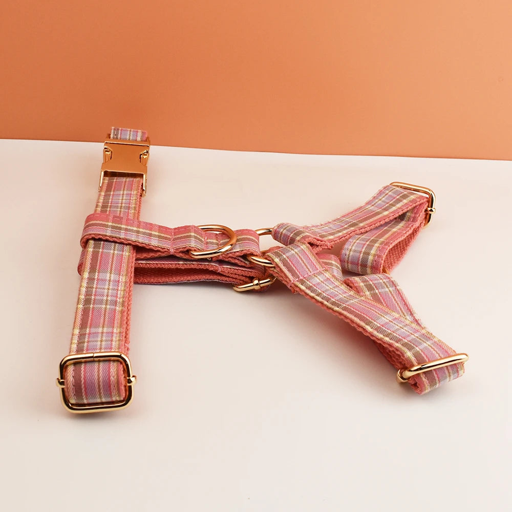 Petspuff Personalised Plaid Dog Collar & Lead Set – Engraved Name Tag, Bow & Harness Options