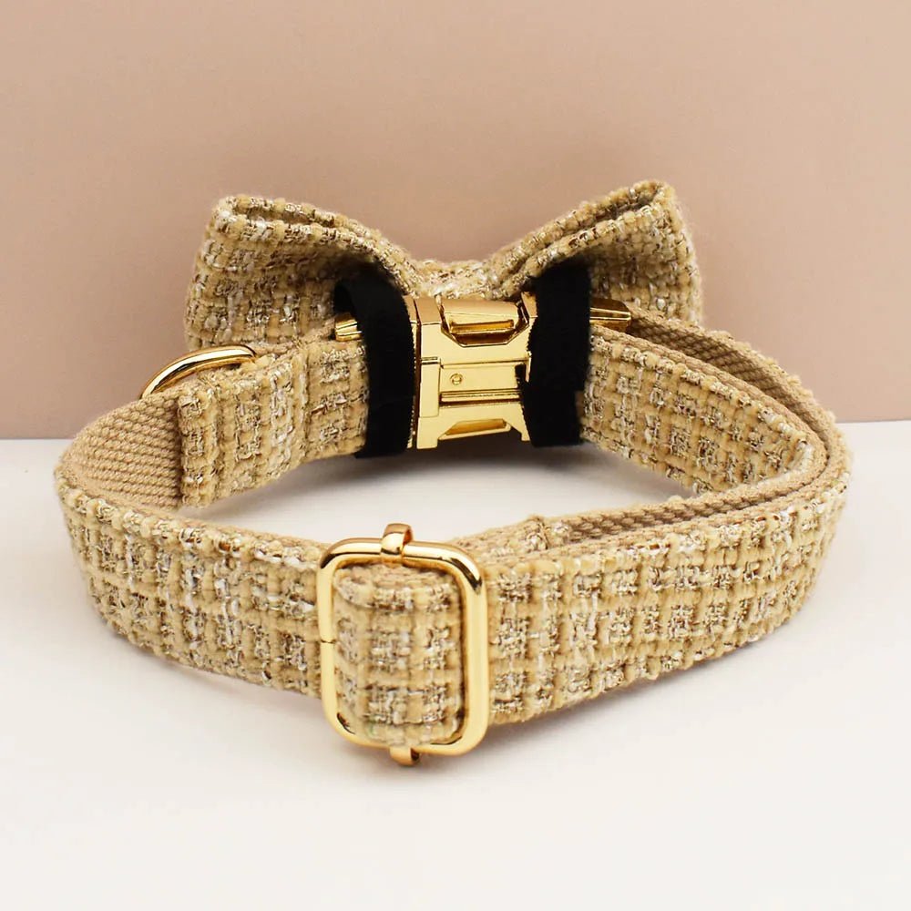 Petspuff Personalised Light Khaki Dog Collar, Harness & Lead Set – Engraved Nameplate & Bow