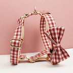 Petspuff Personalised Red Plaid Dog Collar, Harness & Lead Set – Engraved Name Tag & Bow | Christmas