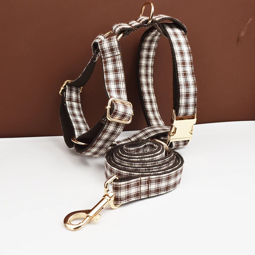 Petspuff Personalised Coffee Plaid Dog Collar, Harness & Lead Set – Engraved Name Tag & Bow