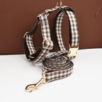 Petspuff Personalised Coffee Plaid Dog Collar, Harness & Lead Set – Engraved Name Tag & Bow