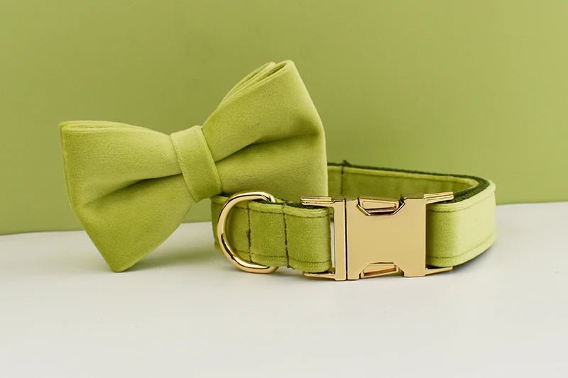 Petspuff Personalised Avocado Green Velvet Dog Collar & Lead Set – Engraved Name Tag, Bow & Harness - Petspuff