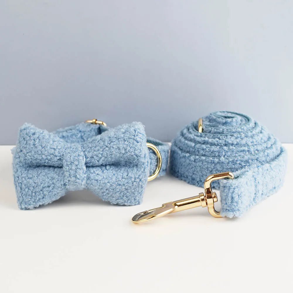 Petspuff Personalised Teddy Fleece Dog Collar, Harness & Lead Set – Engraved Name Tag & Bow - Petspuff