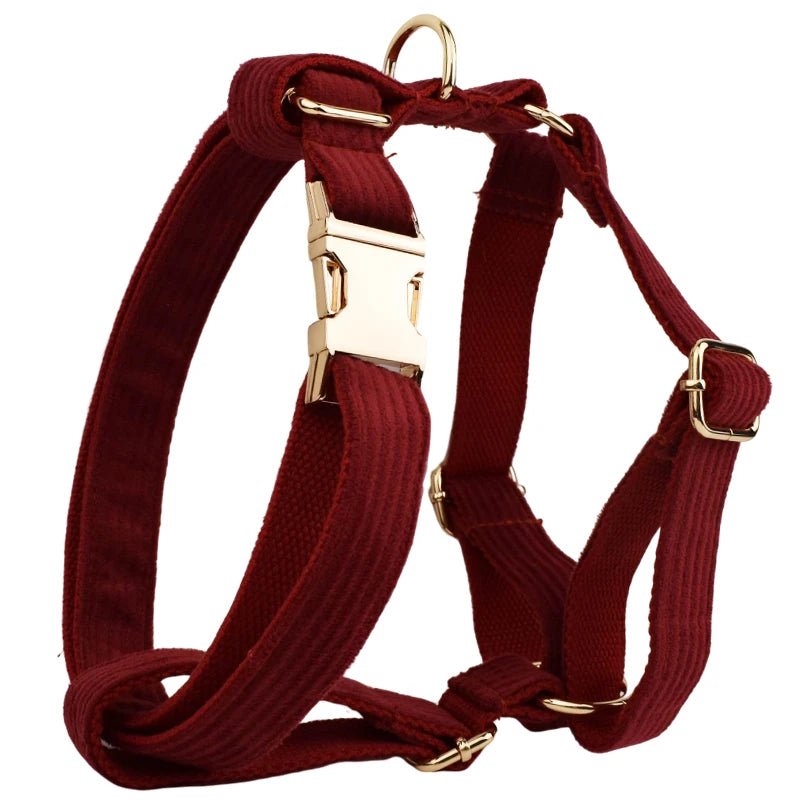 Petspuff Personalised Wine Red Corduroy Dog Collar & Lead Set – Engraved Name Tag, Bow & Harness