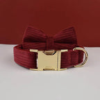 Petspuff Personalised Wine Red Corduroy Dog Collar & Lead Set – Engraved Name Tag, Bow & Harness