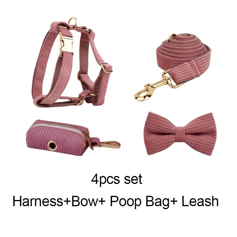 Petspuff Personalised Nude Pink Corduroy Dog Collar & Lead Set – Engraved Name Tag, Bow & Harness
