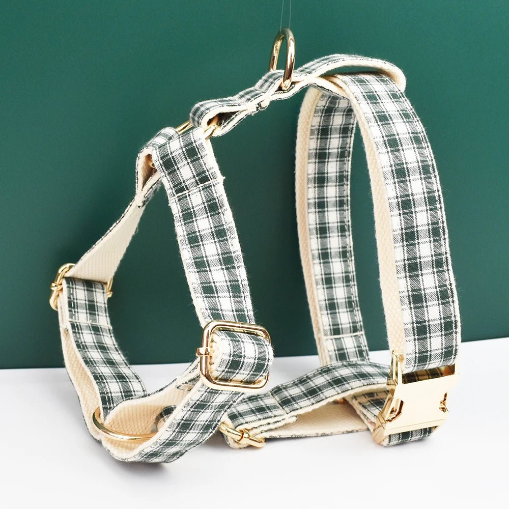 Petspuff Personalised Green Plaid Dog Collar, Harness & Lead Set – Engraved Name Tag & Bow - Petspuff